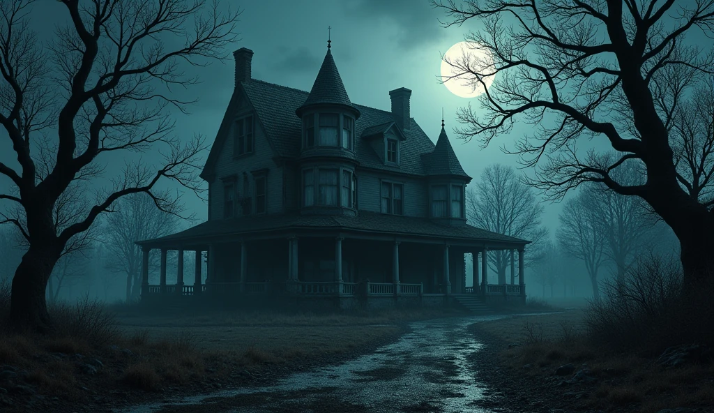 Create a dark, foreboding night scene featuring an old, decrepit mansion on the edge of a deserted village. The mansion should look abandoned with broken windows and overgrown vegetation. The moonlight should cast eerie shadows, with gnarled, leafless trees surrounding the mansion. The overall atmosphere should be unsettling and ominous.