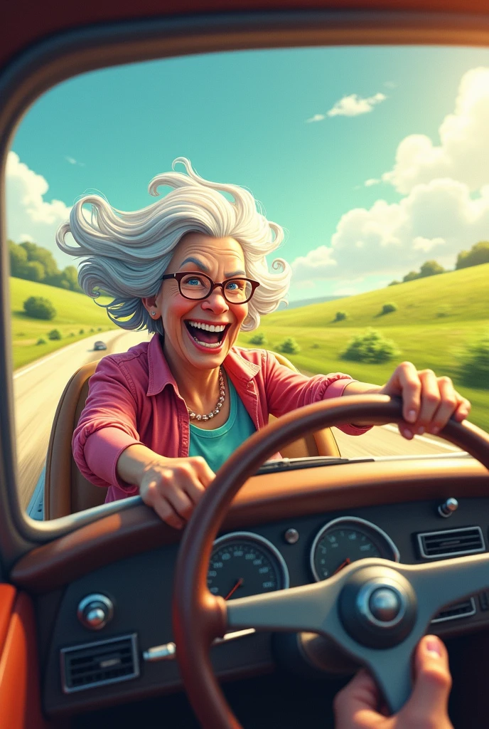 Grandma running wild in car
