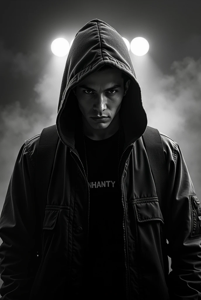 Create a professional you tube banner precisely a gamer with the name close to gaming using black and white, aad background cinematic tone