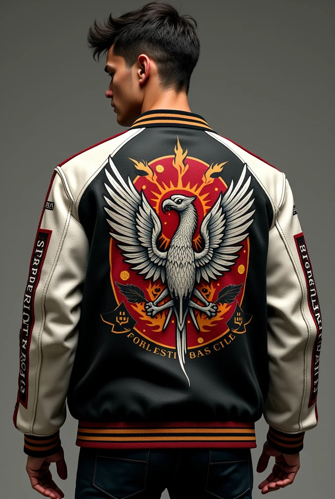 Varsity jacket. Back of the jacket has a picture of something cool and what can I say like unknown creature which is definitely definitely pretty good or you can create it on your own and it looks like tattoo art for the front and there's also a Griffin and it also looks like tattoo art and you can use black white red and golden colors but it must be under 4K QUALITY don't make them childish it must be cool as ASAP. And before the arm you can put the sentence of our AUREX vertically from shoulder till the end of the arm longer. By the way you can add any color you want but also you can create the jacket on your own but please make it cool as possible it must be realistic and give me the pictures of front and back sides