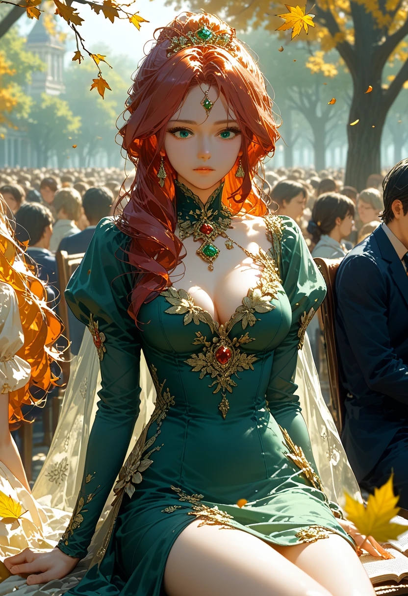 Anime girl, Beautiful Sexy with Gorgeous Figure in Tight Dress with Fine Fabric Patterns Black and Gold Shimmer on Clothes, Sits on a chair reading a book, A crowd gathered around the girl, Trees are falling Leaves, dynamic shadows, Autumn is very beautiful, The wind blows a little and swirls the leaves, Birds are sitting on the trees, masterpiece, bright colors, Clear drawing of details, score_9,score_8_up,score_7_up,dramatic lighting,highly detailed,high budget,bokeh,cinemascope,moody,epic,gorgeous,film grain,grainy,masterpiece,best quality,perfect anatomy,very aesthetic,official art,8k,BREAK
