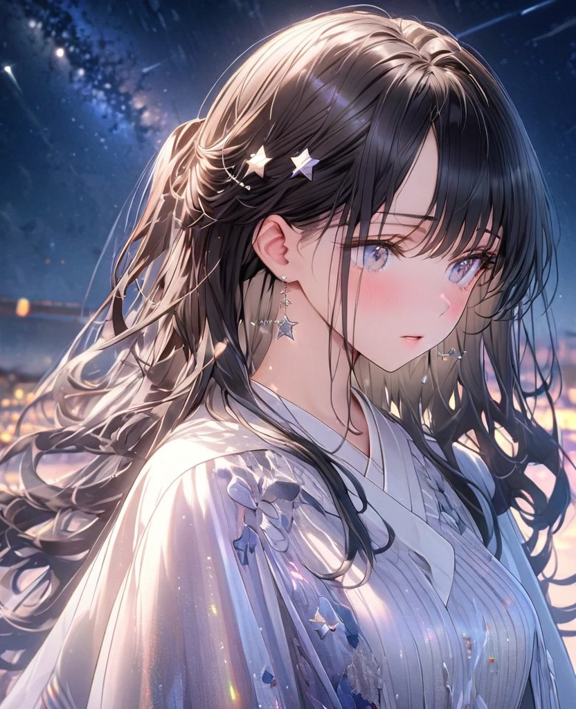 8k,Ephemeral beauty,Very delicate and beautiful,Beautiful and realistic skin,Shiny Hair,Black Hair、Long and colorful hair,Beautiful Eyes,Beautiful night sky、shy、white,Adult clothing、NOHair Accessories、Lonely hair is half-up、Star-shaped pin、No earrings