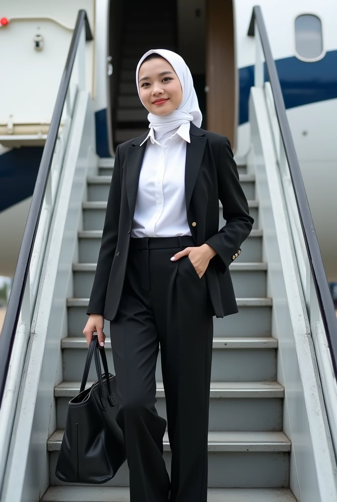 Beautiful Korean Women , smooth white skin, well-groomed face, white hijab,wearing a modern office blazer suit .warna black,White shirt, berhijab black,jam tangan black .kaca mata black, Cool, white sneakers,faint smile .berpose turun dari airplane ladder .,holding a colored handbag,black .open plane door background,airplane ladder, Realistic original photo.