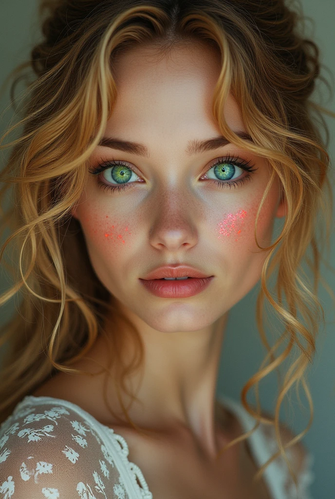 Woman with mismatched eyes of green and blue, with curly golden hair laced with streaks of red/copper