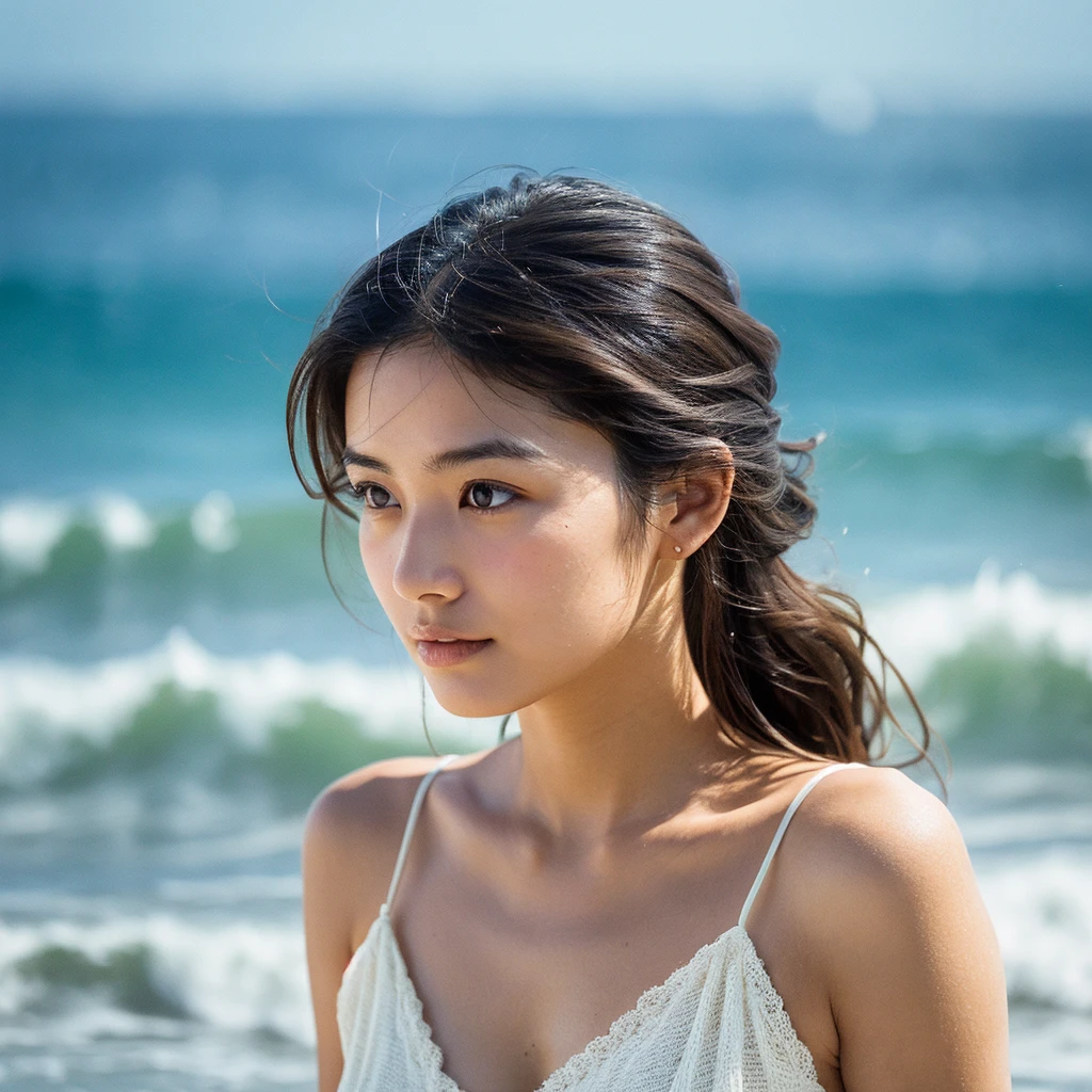 A hyper-realistic image of a single Japanese woman in her early 20s, captured with the nostalgic warmth and subtle graininess of a film camera, with the focus on her upper body from the shoulders up against a serene seaside backdrop. Her skin has a warm beige tone with a natural, slightly rough texture that includes visible pores, fine lines, and subtle imperfections such as small blemishes, adding to the authenticity of her appearance. The soft, diffused natural light reflects off the ocean waves, casting gentle, warm shadows across her face and shoulders, enhancing the film-like quality and creating a timeless, organic feel. Her straight, glossy black hair is slightly tousled by the ocean breeze, naturally framing her face, and her deep brown eyes reflect the soft light of the seaside, adding depth and emotion. The background subtly captures the peaceful ocean scenery with a glimpse of rolling waves and a faint horizon, blurred to maintain focus on her expression. The film camera effect introduces a slight grain and a softer focus, giving the image a warm, nostalgic atmosphere while maintaining the realistic texture of her skin. She is wearing a light, airy top that complements her natural beauty and the beach setting, with the overall composition designed to evoke a sense of genuine, understated elegance and connection with nature.