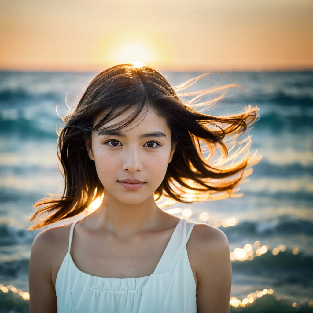 A hyper-realistic image of a single Japanese woman in her early 20s, captured with the nostalgic warmth and subtle graininess of a film camera, with the focus on her upper body from the shoulders up against a serene seaside backdrop. Her skin has a warm beige tone with a natural, slightly rough texture that includes visible pores, fine lines, and subtle imperfections such as small blemishes, adding to the authenticity of her appearance. The soft, diffused natural light reflects off the ocean waves, casting gentle, warm shadows across her face and shoulders, enhancing the film-like quality and creating a timeless, organic feel. Her straight, glossy black hair is slightly tousled by the ocean breeze, naturally framing her face, and her deep brown eyes reflect the soft light of the seaside, adding depth and emotion. The background subtly captures the peaceful ocean scenery with a glimpse of rolling waves and a faint horizon, blurred to maintain focus on her expression. The film camera effect introduces a slight grain and a softer focus, giving the image a warm, nostalgic atmosphere while maintaining the realistic texture of her skin. She is wearing a light, airy top that complements her natural beauty and the beach setting, with the overall composition designed to evoke a sense of genuine, understated elegance and connection with nature.