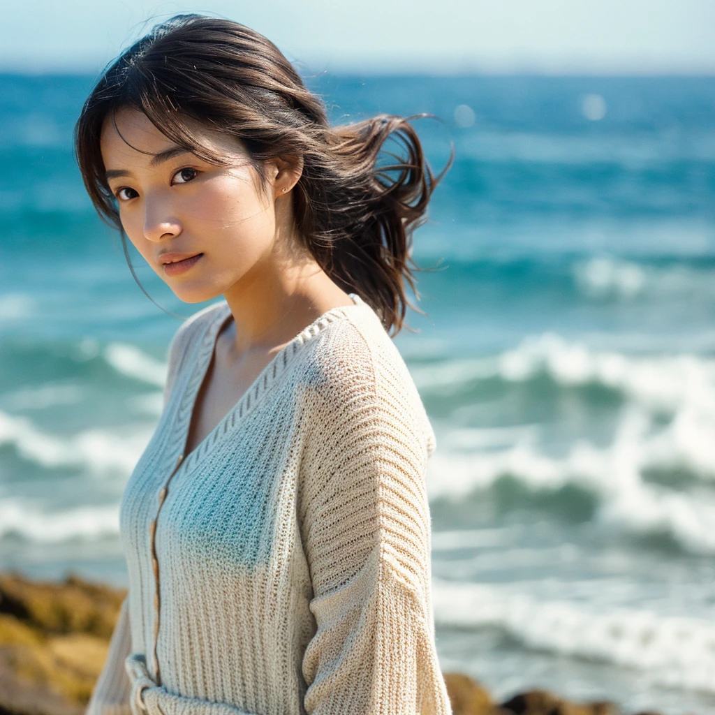A hyper-realistic image of a single Japanese woman in her early 20s, captured with the nostalgic warmth and subtle graininess of a film camera, with the focus on her upper body from the shoulders up against a serene seaside backdrop. Her skin has a warm beige tone with a natural, slightly rough texture that includes visible pores, fine lines, and subtle imperfections such as small blemishes, adding to the authenticity of her appearance. The soft, diffused natural light reflects off the ocean waves, casting gentle, warm shadows across her face and shoulders, enhancing the film-like quality and creating a timeless, organic feel. Her straight, glossy black hair is slightly tousled by the ocean breeze, naturally framing her face, and her deep brown eyes reflect the soft light of the seaside, adding depth and emotion. The background subtly captures the peaceful ocean scenery with a glimpse of rolling waves and a faint horizon, blurred to maintain focus on her expression. The film camera effect introduces a slight grain and a softer focus, giving the image a warm, nostalgic atmosphere while maintaining the realistic texture of her skin. She is wearing a light, airy top that complements her natural beauty and the beach setting, with the overall composition designed to evoke a sense of genuine, understated elegance and connection with nature.