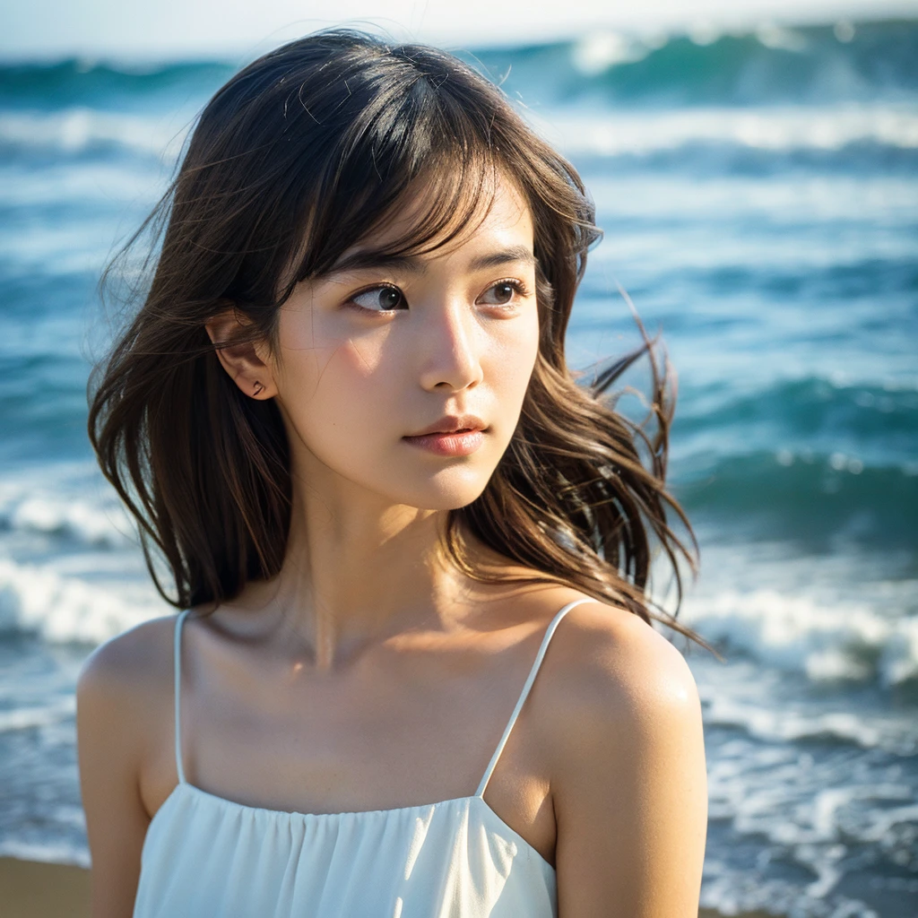 A hyper-realistic image of a single Japanese woman in her early 20s, captured with the nostalgic warmth and subtle graininess of a film camera, with the focus on her upper body from the shoulders up against a serene seaside backdrop. Her skin has a warm beige tone with a natural, slightly rough texture that includes visible pores, fine lines, and subtle imperfections such as small blemishes, adding to the authenticity of her appearance. The soft, diffused natural light reflects off the ocean waves, casting gentle, warm shadows across her face and shoulders, enhancing the film-like quality and creating a timeless, organic feel. Her straight, glossy black hair is slightly tousled by the ocean breeze, naturally framing her face, and her deep brown eyes reflect the soft light of the seaside, adding depth and emotion. The background subtly captures the peaceful ocean scenery with a glimpse of rolling waves and a faint horizon, blurred to maintain focus on her expression. The film camera effect introduces a slight grain and a softer focus, giving the image a warm, nostalgic atmosphere while maintaining the realistic texture of her skin. She is wearing a light, airy top that complements her natural beauty and the beach setting, with the overall composition designed to evoke a sense of genuine, understated elegance and connection with nature.