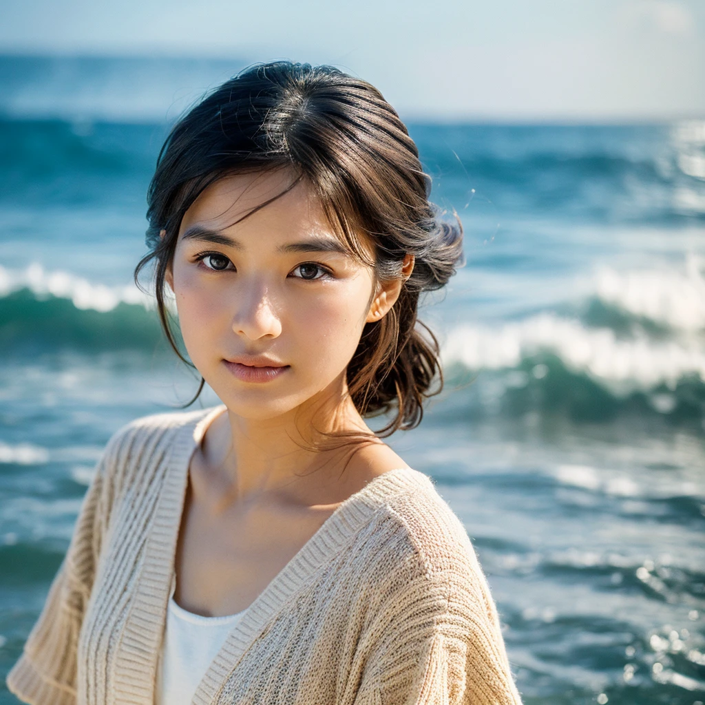 A hyper-realistic image of a single Japanese woman in her early 20s, captured with the nostalgic warmth and subtle graininess of a film camera, with the focus on her upper body from the shoulders up against a serene seaside backdrop. Her skin has a warm beige tone with a natural, slightly rough texture that includes visible pores, fine lines, and subtle imperfections such as small blemishes, adding to the authenticity of her appearance. The soft, diffused natural light reflects off the ocean waves, casting gentle, warm shadows across her face and shoulders, enhancing the film-like quality and creating a timeless, organic feel. Her straight, glossy black hair is slightly tousled by the ocean breeze, naturally framing her face, and her deep brown eyes reflect the soft light of the seaside, adding depth and emotion. The background subtly captures the peaceful ocean scenery with a glimpse of rolling waves and a faint horizon, blurred to maintain focus on her expression. The film camera effect introduces a slight grain and a softer focus, giving the image a warm, nostalgic atmosphere while maintaining the realistic texture of her skin. She is wearing a light, airy top that complements her natural beauty and the beach setting, with the overall composition designed to evoke a sense of genuine, understated elegance and connection with nature.