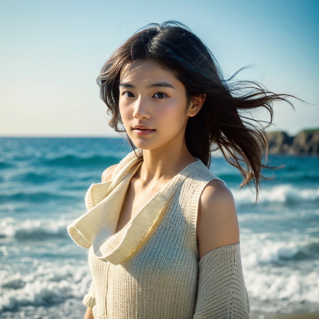 A hyper-realistic image of a single Japanese woman in her early 20s, captured with the nostalgic warmth and subtle graininess of a film camera, with the focus on her upper body from the shoulders up against a serene seaside backdrop. Her skin has a warm beige tone with a natural, slightly rough texture that includes visible pores, fine lines, and subtle imperfections such as small blemishes, adding to the authenticity of her appearance. The soft, diffused natural light reflects off the ocean waves, casting gentle, warm shadows across her face and shoulders, enhancing the film-like quality and creating a timeless, organic feel. Her straight, glossy black hair is slightly tousled by the ocean breeze, naturally framing her face, and her deep brown eyes reflect the soft light of the seaside, adding depth and emotion. The background subtly captures the peaceful ocean scenery with a glimpse of rolling waves and a faint horizon, blurred to maintain focus on her expression. The film camera effect introduces a slight grain and a softer focus, giving the image a warm, nostalgic atmosphere while maintaining the realistic texture of her skin. She is wearing a light, airy top that complements her natural beauty and the beach setting, with the overall composition designed to evoke a sense of genuine, understated elegance and connection with nature.