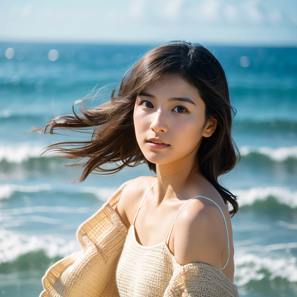 A hyper-realistic image of a single Japanese woman in her early 20s, captured with the nostalgic warmth and subtle graininess of a film camera, with the focus on her upper body from the shoulders up against a serene seaside backdrop. Her skin has a warm beige tone with a natural, slightly rough texture that includes visible pores, fine lines, and subtle imperfections such as small blemishes, adding to the authenticity of her appearance. The soft, diffused natural light reflects off the ocean waves, casting gentle, warm shadows across her face and shoulders, enhancing the film-like quality and creating a timeless, organic feel. Her straight, glossy black hair is slightly tousled by the ocean breeze, naturally framing her face, and her deep brown eyes reflect the soft light of the seaside, adding depth and emotion. The background subtly captures the peaceful ocean scenery with a glimpse of rolling waves and a faint horizon, blurred to maintain focus on her expression. The film camera effect introduces a slight grain and a softer focus, giving the image a warm, nostalgic atmosphere while maintaining the realistic texture of her skin. She is wearing a light, airy top that complements her natural beauty and the beach setting, with the overall composition designed to evoke a sense of genuine, understated elegance and connection with nature.