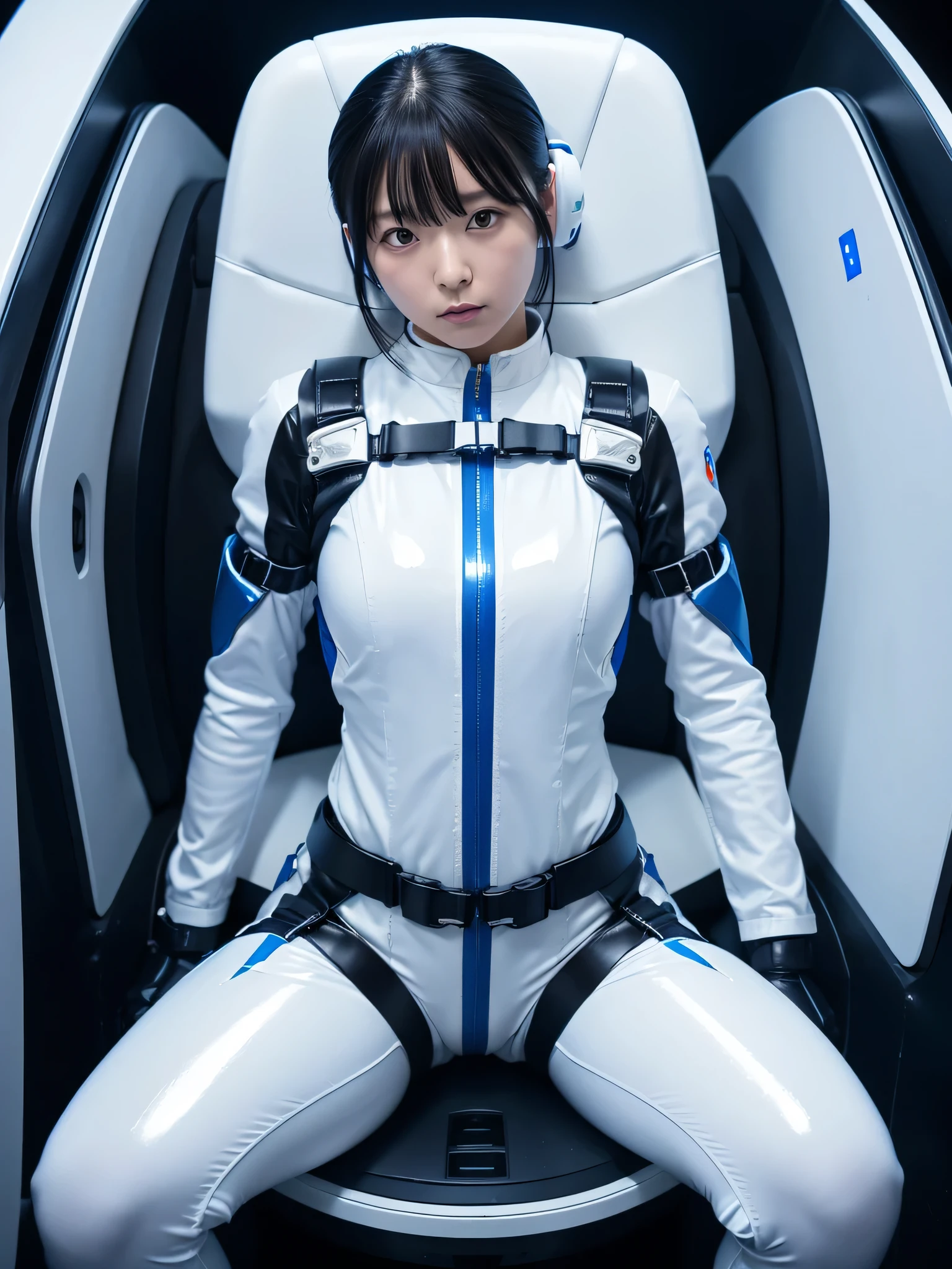 Japanese female android,White and blue shiny robot suit,Wide-legged squats,Black Hair,Space capsule,I was completely strapped into the black seat with a thick harness and couldn&#39;t move.,