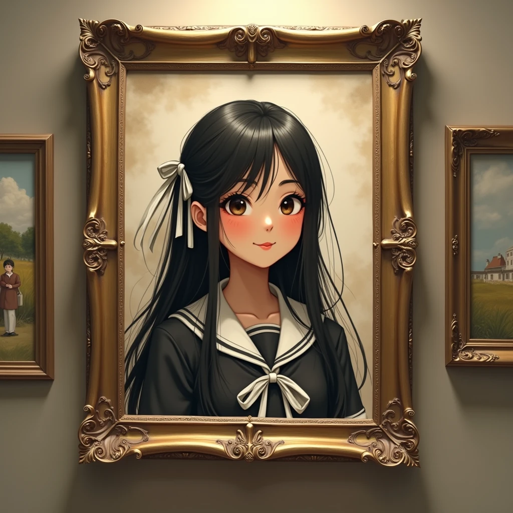 Make a museum inside a museum there was a painting, and the painting is a girl, Light brown skin and black hair. In the painting she is wearing a school uniform1girl, Long Hair, Brown Hair, Blush, Smile, Ribbon,