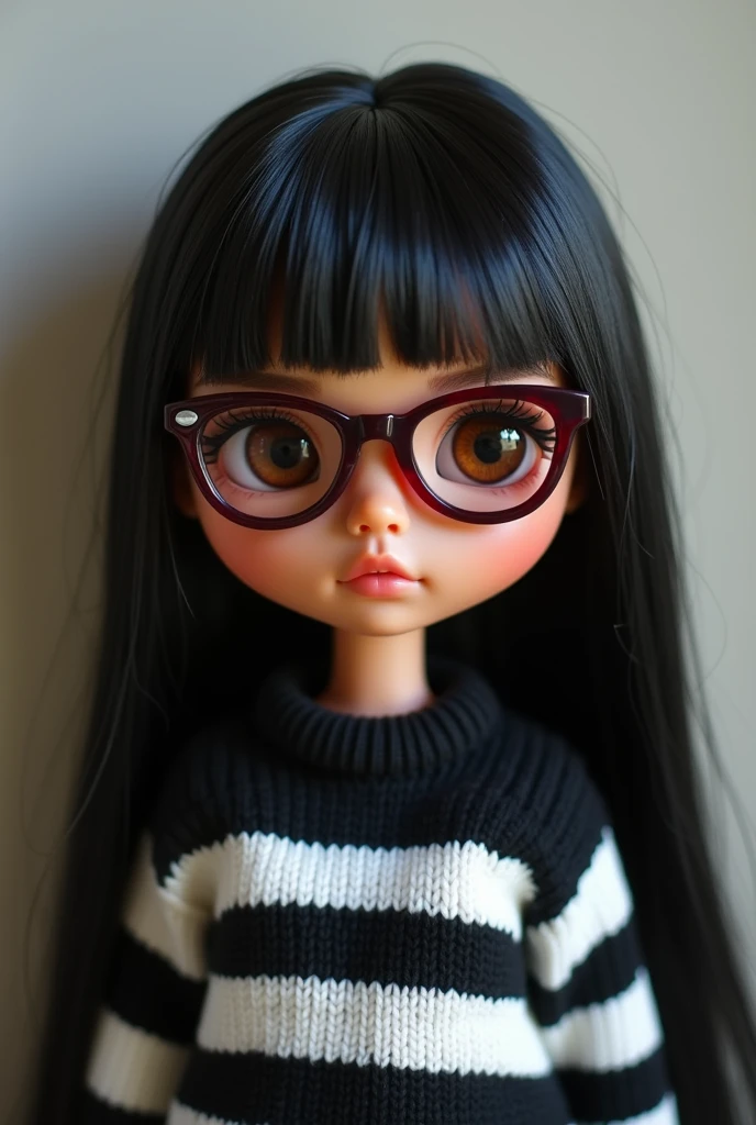 blythe doll, brown skin, straight black hair down to the back, Brown eyes , maroon glasses , black and white striped sweater . no hair on forehead .