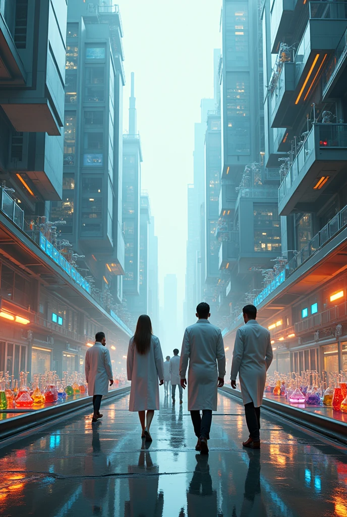 A futuristic scene, Life with chemistry and chemicals, chemistry created a new world, all buildings look like chemistry models, humans dress like chemistry models, road, light all things related to chemistry models, periodic table, glasswares, apparatus, chemicals, chemists wearing lab coat, realistic image