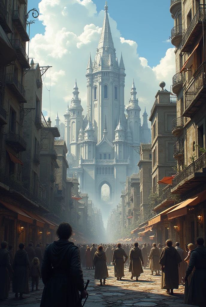 A big, impoverished fantasy city, with a huge marble castle in the background
