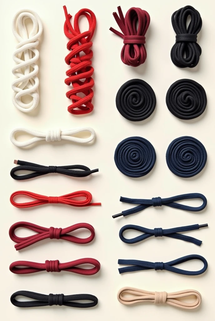 Can you create a beautiful poster with laces?, des lacets plat, des lacets rond, white in color, red in color, black in color, burgundy color, navy blue in color, beige in color