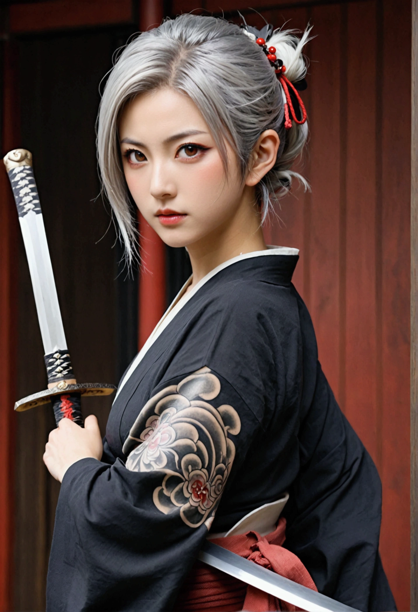 (Japanese sword &reference;Muramasa 2&reference;.2)Two beautiful women、Japanese swordを持った女性、Silver Hair Short、armor、pocket、Warrior、Clear Eyes、Red Eye、{Arm tattoo、Warrior、Realistic battle scenes、敵Warriorの返りBlood、Blood、High resolution、Highest quality、Very detailed、8k、background、