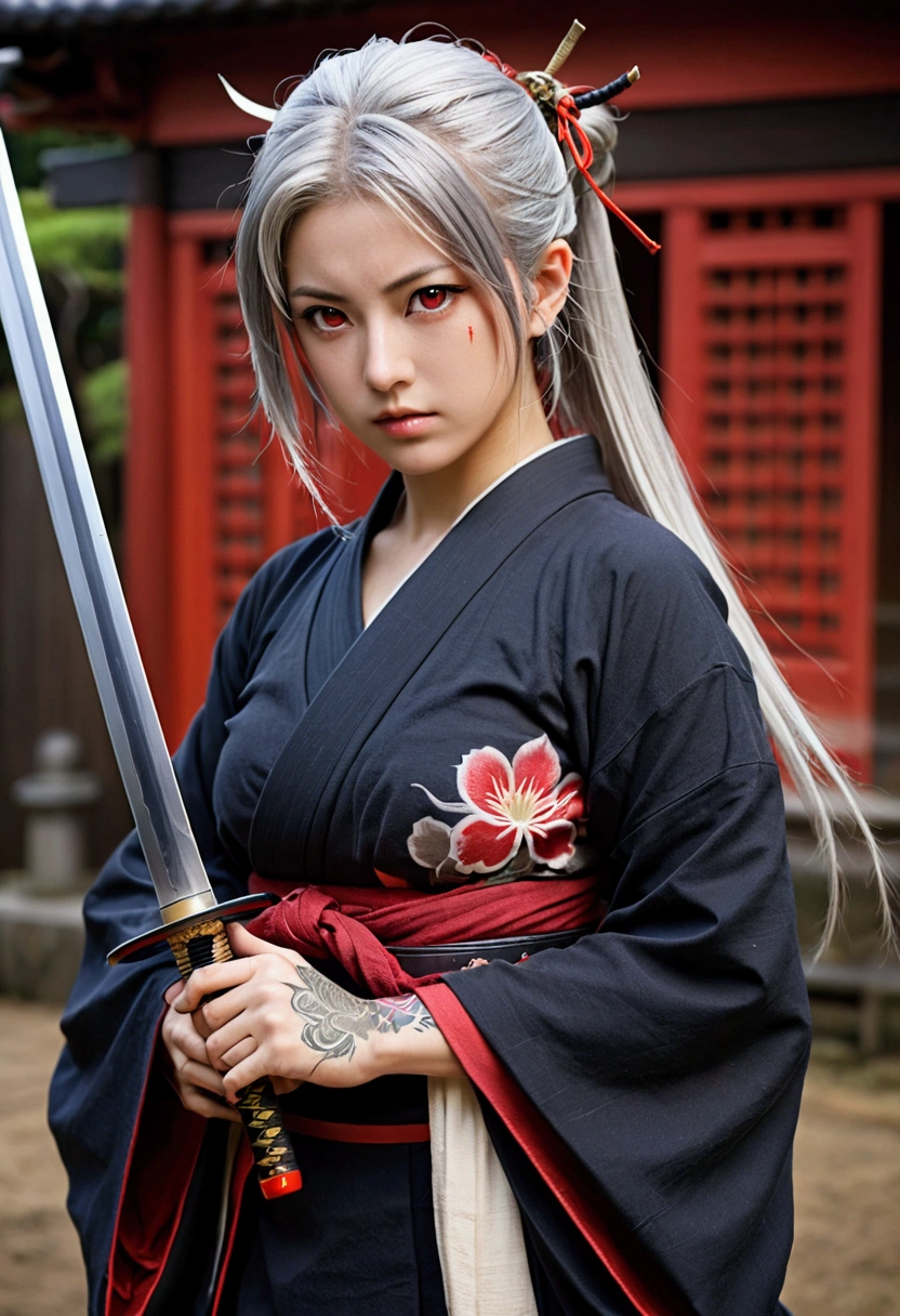 (Japanese sword &reference;Muramasa 2&reference;.2)Two beautiful women、Japanese swordを持った女性、Silver Hair Short、armor、pocket、Warrior、Clear Eyes、Red Eye、{Arm tattoo、Warrior、Realistic battle scenes、敵Warriorの返りBlood、Blood、High resolution、Highest quality、Very detailed、8k、background、