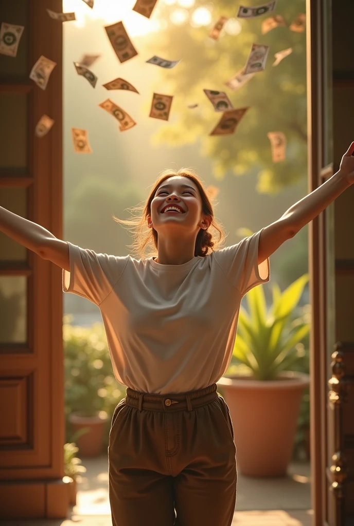 Beautiful Thai girl, smiling happily, holding a computer, housewife occupation, looking up, spreading her arms, waiting to receive money, with a lot of money falling from the sky, at home.