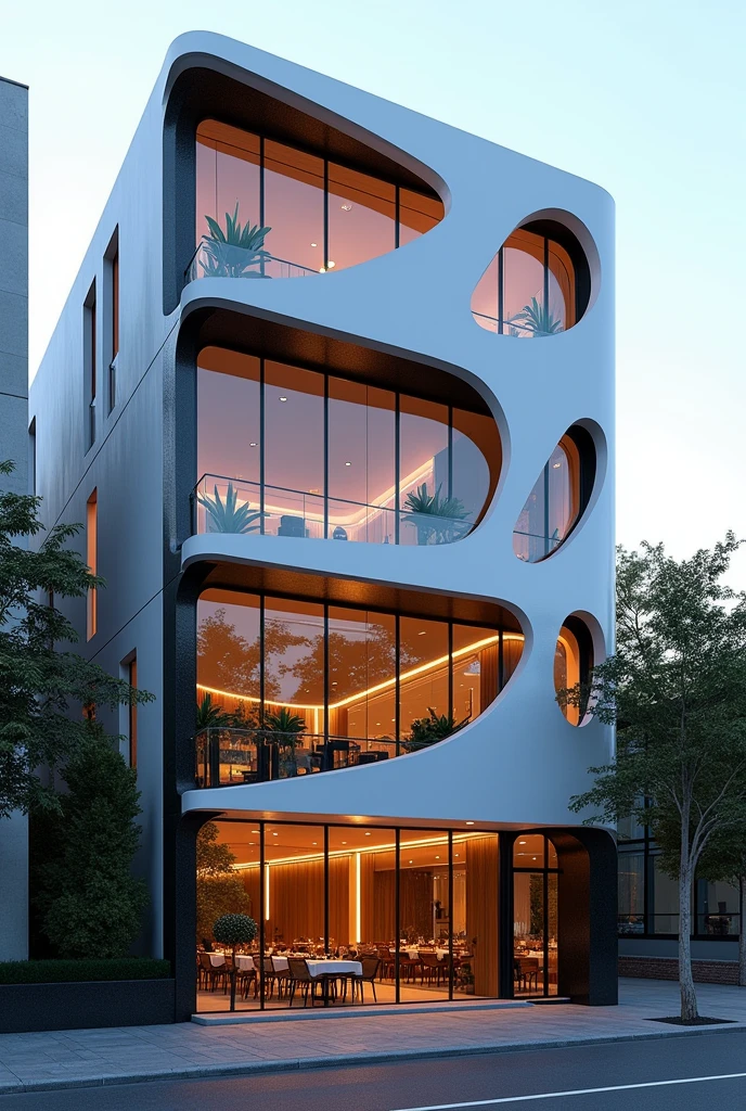 Restuarant facade architecture , a view of parametric 4th floors resturant facade with larg window , main material by glossy white wall and black stone and wood, RAW photo, real, best quality, masterpiece:1.2), look morden parametric , shime ring light, light brighteness from indoor:1.2, dynamic lighting: 1.3, (hyper realistic, photo-realistic:1.2), high quality, day lighht, hight contrast :0.5 perfect lighting, archdaily, award winning parametric, masterpiece, well-designed masterpiece,