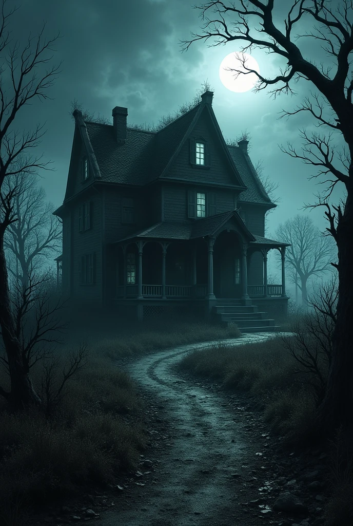 Create a dark, foreboding night scene featuring an old, decrepit mansion on the edge of a deserted village. The mansion should look abandoned with broken windows and overgrown vegetation. The moonlight should cast eerie shadows, with gnarled, leafless trees surrounding the mansion. The overall atmosphere should be unsettling and ominous.
