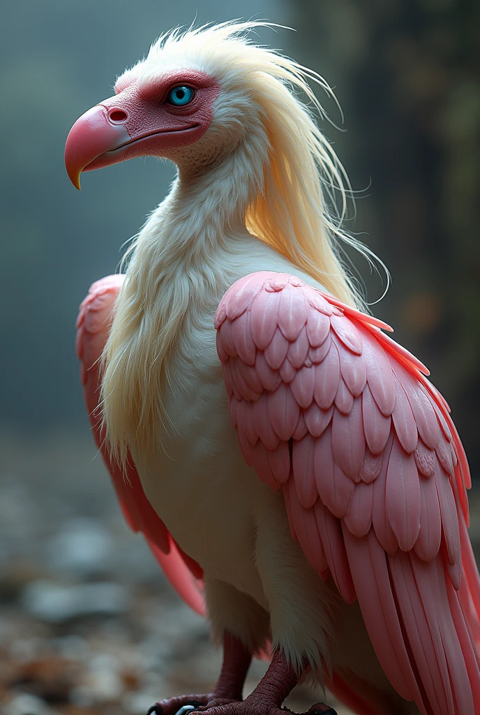 pink vulture, with long, shiny hair, blue eyes, bird, human body, female vulture, straight blonde hair