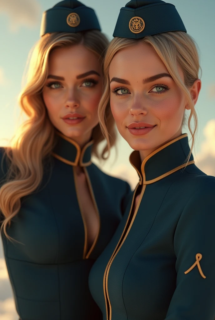 AMBER HEARD as a PAN AM CABIN CREW MODEL, take one ((Skirt: 1.2)), open view, full body view, 2 girl, most beautiful (American Girl) in the world, skin pores, subsurface scattering, Rays of radiant light, High resolution ((detailed facial features: 1.2)), High detail, sharp focus, seeds, Aesthetic, extremely detailed, (extremely detailed eyes), extremely detailed hair, extremely detailed skin, extremely detailed clothes, Octane rendering, photoRealista, Post-procedure, (maximum detail: 1.4), realistic shadows, roughness, Natural skin texture, real life, ultra-realistic, photorealism, Photography,8k, Photography, HdR, Intricate, elegant, Very detailed, sharp focus, different poses, Awesome, beautiful, The best quality, masterpiece, Imperfections, Amazing beauty, mira sexy, seductive look, blue eyes, dark blonde hair, (wavy fur), Shazam