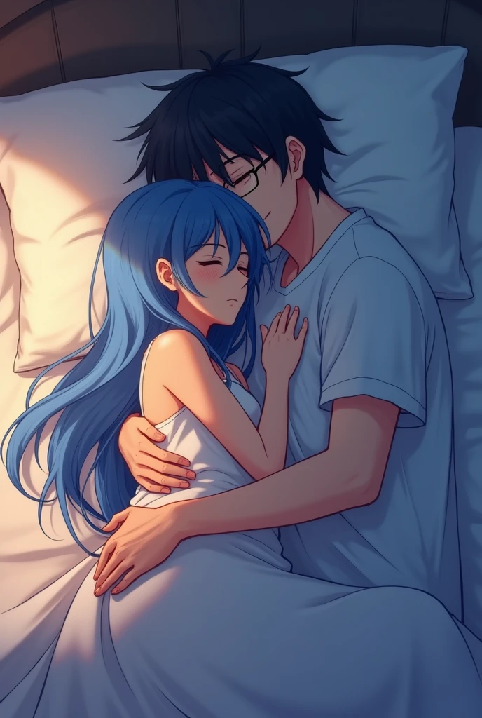 anime couple, sleeping and hugging, She with long blue hair and he with short black hair and wearing glasses