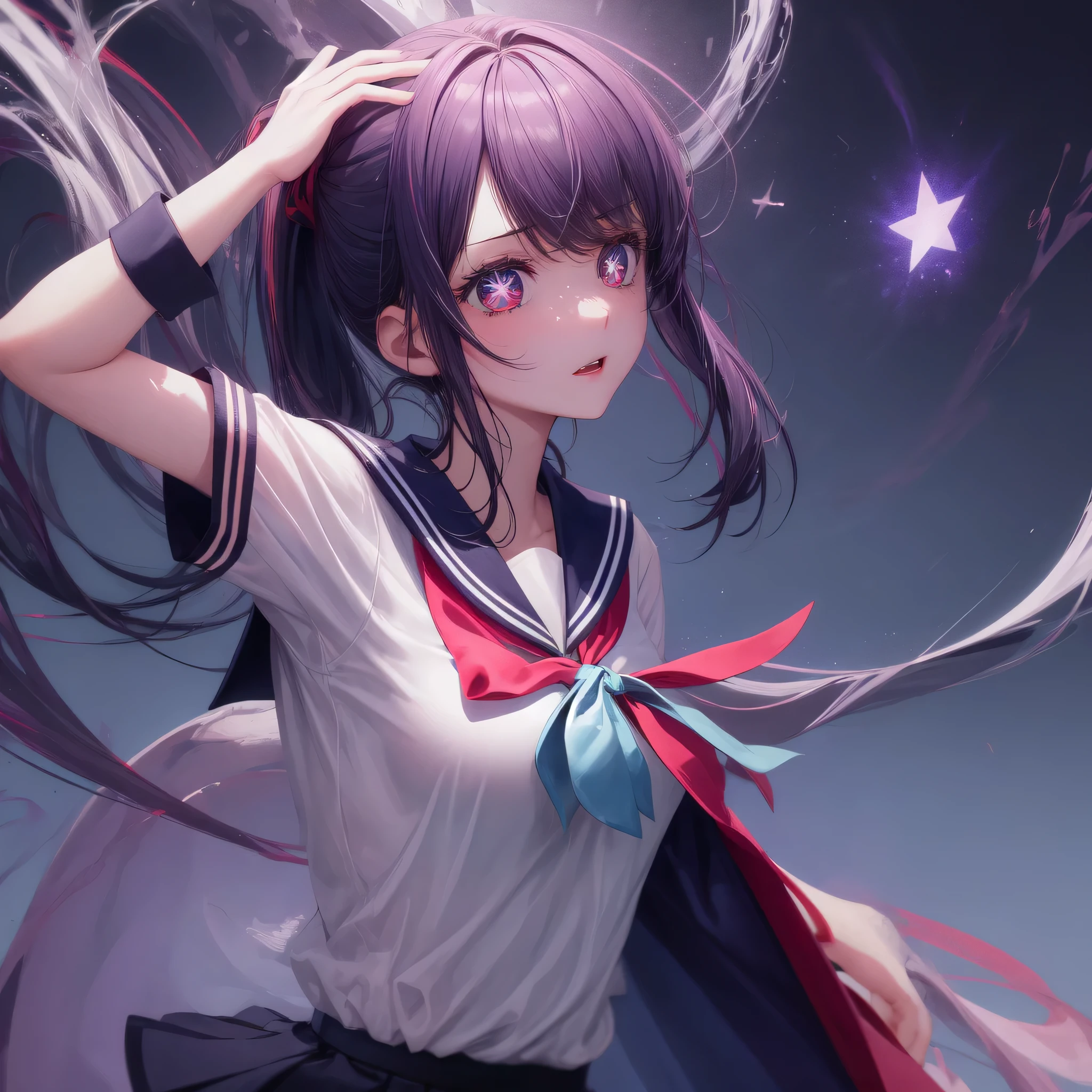 1 girl, alone, high quality,school uniform, sailor suit, slender, big tits, ponytail, BREAK Sparkling_eye, Star-shaped pupils,  +_+, medium full shot