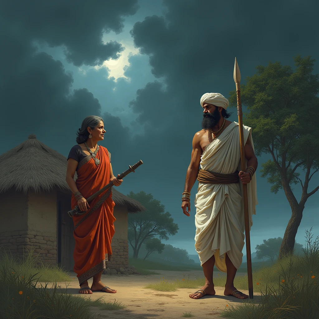 Make an image in which there are dark clouds in the sky and there is a hut and in front of the hut there is a tree Near the hut there is a woman wearing Rajasthani Lugdi and she is about 40 years old wearing &#39; A tool in her hand And near the tree stands a man who is 20 years old, 'n groot snor het en Rajasthani wit dhoti kurta dra, 'n tulband op sy kop het, hy het 'n spies in sy hand.