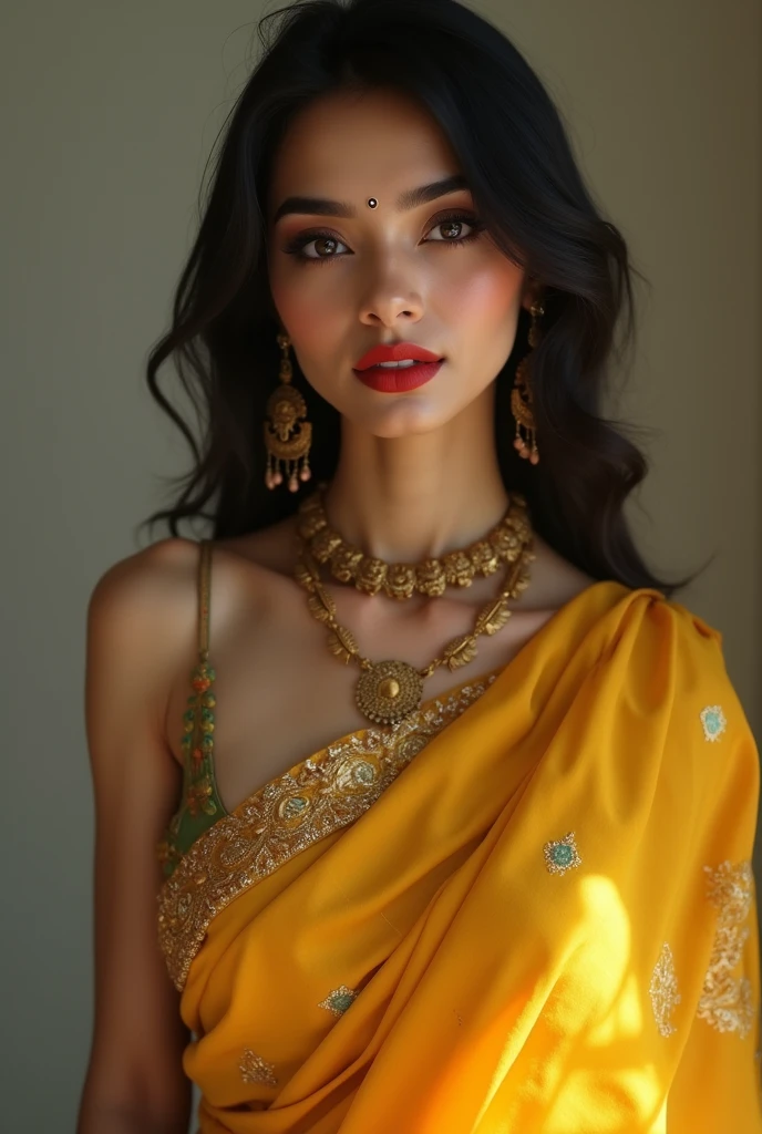 Create a image of a Bengali lady. She is a extremely lustful and glamourous, wearing a yellow saree. On her face, above her lips there is a small mole. Her lips are red and her eyes are elongated and beautiful. Her nose is sharp and skin complexion is medium white. Generate a full length picture.