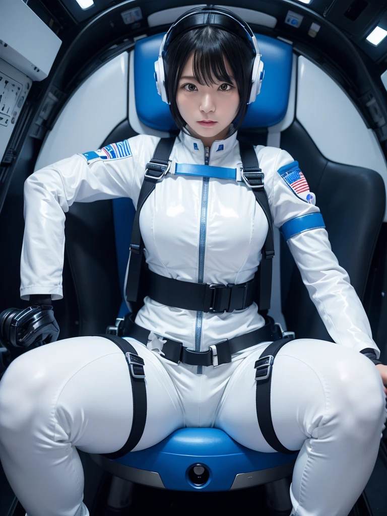 Japanese female android,White and blue shiny robot suit,Wide-legged squats,Black Hair,Space capsule,I was completely strapped into the black seat with a thick harness and couldn't move.,