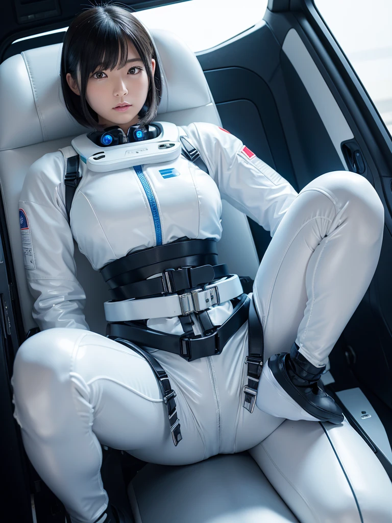 Japanese female android,White and blue shiny robot suit,Wide-legged squats,Black Hair,Space capsule,I was completely strapped to my seat in the cockpit with a thick harness and couldn't move.,