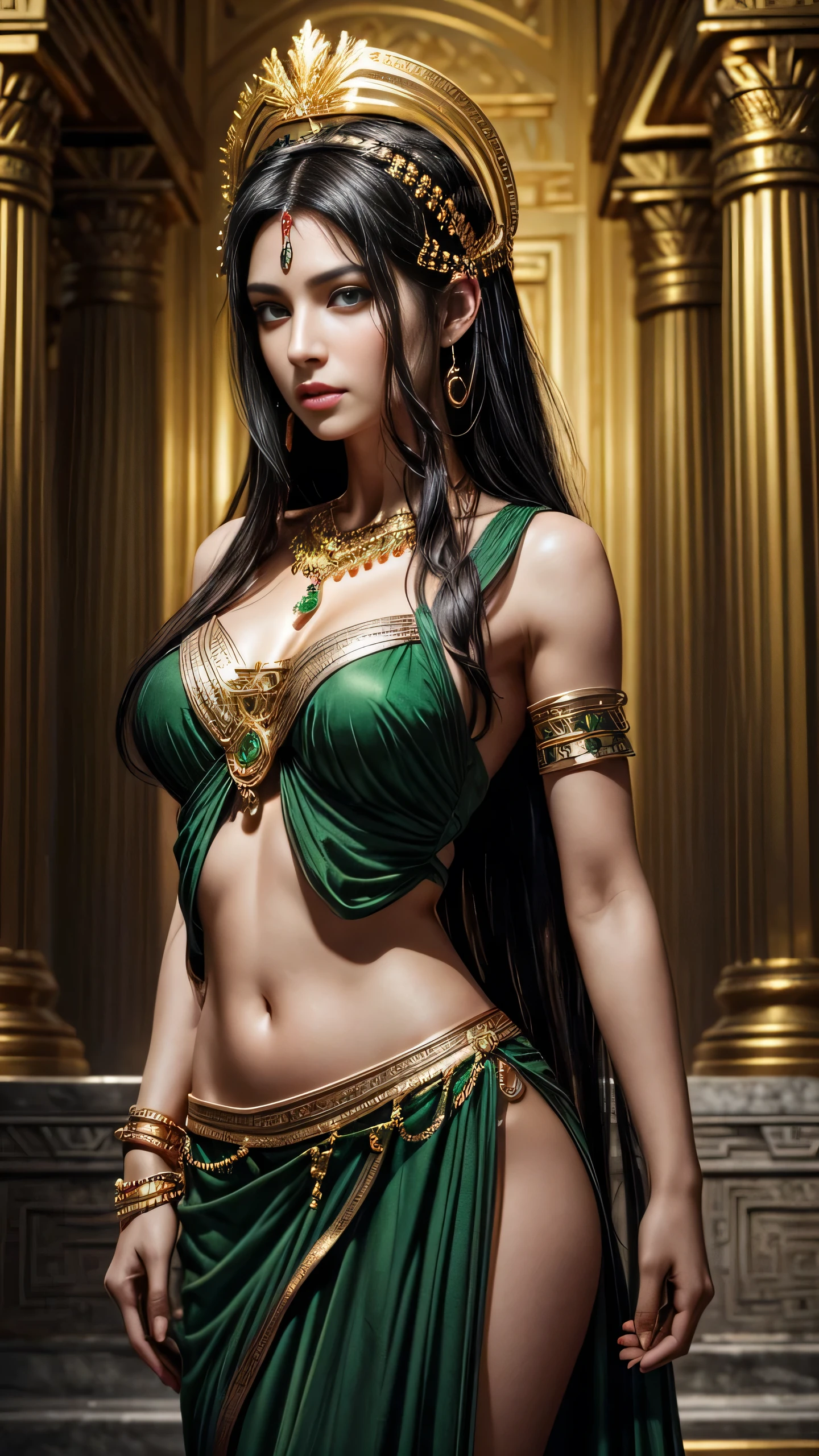 (A Gorgeous 30-Year-Old Greek Female Goddess), (Messy Long Black Hair:1.2), (Green Eyes), (Fair Skin), (Wearing Green Revealing Maiden Attire with Golden Jewelries:1.4), (Greek Temple at Night:1.2), (Elegant Pose:1.4), Centered, (Half Body Shot:1.4), (From Front Shot:1.4), Insane Details, Intricate Face Detail, Intricate Hand Details, Cinematic Shot and Lighting, Realistic and Vibrant Colors, Sharp Focus, Ultra Detailed, Realistic Images, Depth of Field, Incredibly Realistic Environment and Scene, Master Composition and Cinematography