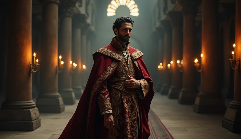 Create an ultra-realistic, cinematic image of Julian, depicted as a noble figure from the Spanish royalty, dressed in traditional, period-accurate attire. Julian should be adorned in richly embroidered robes, with intricate details on his tunic and cloak, showcasing the luxurious fabrics and patterns of the era. His posture is regal, standing tall and composed, with an air of authority and contemplation. The background should be a dramatic, historically inspired setting, perhaps an ancient Spanish castle or a grand hall, shrouded in shadows and illuminated by subtle, natural light sources like torches or narrow beams of sunlight breaking through stained glass windows. The overall scene should be underexposed, with a focus on dark, moody tones and deep shadows, while Julian’s figure is highlighted with epic color grading, utilizing warm golds and rich reds to accentuate the royal attire and contrast against the cooler, darker environment. The image should capture the grandeur and mystery of the historical period, with a highly detailed and cinematic aesthetic that draws the viewer into the scene.