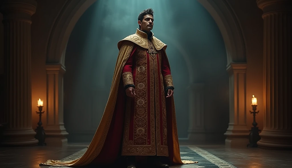 Create an ultra-realistic, cinematic image of Julian, depicted as a noble figure from the Spanish royalty, dressed in traditional, period-accurate attire. Julian should be adorned in richly embroidered robes, with intricate details on his tunic and cloak, showcasing the luxurious fabrics and patterns of the era. His posture is regal, standing tall and composed, with an air of authority and contemplation. The background should be a dramatic, historically inspired setting, perhaps an ancient Spanish castle or a grand hall, shrouded in shadows and illuminated by subtle, natural light sources like torches or narrow beams of sunlight breaking through stained glass windows. The overall scene should be underexposed, with a focus on dark, moody tones and deep shadows, while Julian’s figure is highlighted with epic color grading, utilizing warm golds and rich reds to accentuate the royal attire and contrast against the cooler, darker environment. The image should capture the grandeur and mystery of the historical period, with a highly detailed and cinematic aesthetic that draws the viewer into the scene.