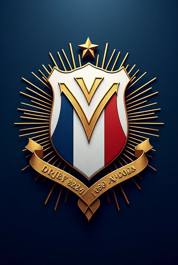 This image is a digital rendering of a crest featuring a shield with intricate details. The shield is predominantly white with gold and blue accents. At the center of the shield is a large, stylized "M" in gold, flanked by two blue triangles. Above the "M," there is a gold star. Below the "M," there is a gold ribbon with the text "DROIT AU BUT" in gold. The ribbon is flanked by two blue triangles. Surrounding the shield is a golden border with a white background, creating a sunburst effect. At the top of the shield, there is a blue, white, and red tricolor flag, Olympique de Marseille representing the French flag. The text "1999-2024" are written in gold above the "M," indicating significant "125 anniversaires". The background of the image is a deep navy blue with a subtle texture, enhancing the contrast and making the crest stand out prominently. The overall design is clean and symmetrical, with a strong emphasis on the colors and symbols, Olympique de Marseille team logo.