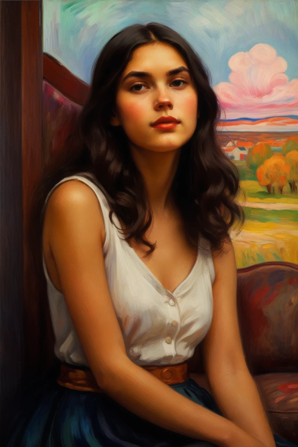 Charming young girl with peonies ((Edvard Munch style)), ((painting)), Bright colors, ((masterpiece)), impression, Extremely detailed, view, 8K,living room