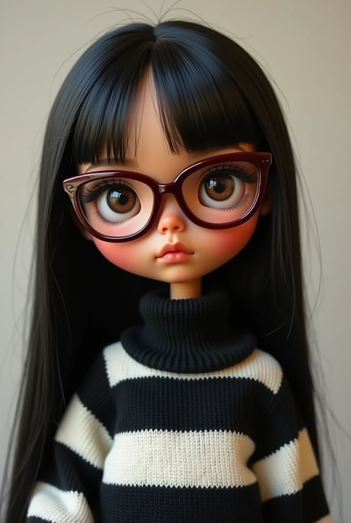 blythe doll, brown skin , straight black hair down to the back, Brown eyes , maroon glasses , black and white striped sweater . no hair on forehead .