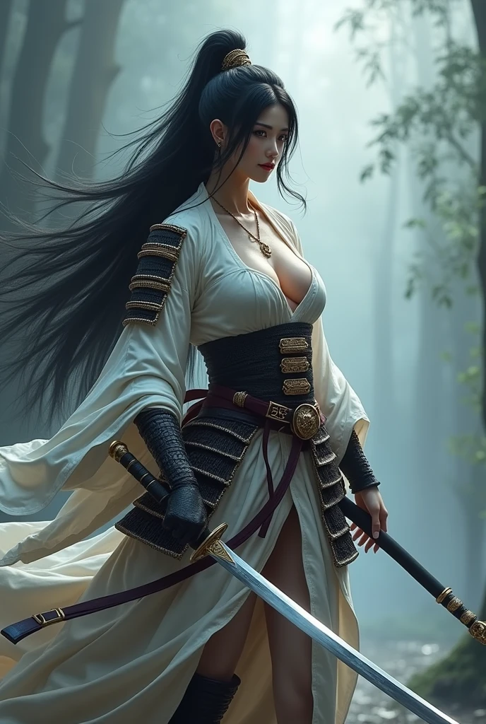 White samurai girl with long black hair holding a sword and very big chest