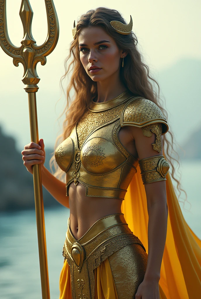 GREECE LADY HEROES WITH PASTEL GREEN WITH FISH SKIN PATTERN AND GOLDEN ATLANTIS WARRIOR ARMOR OUTFIT AND A GOLDEN TRIDENT