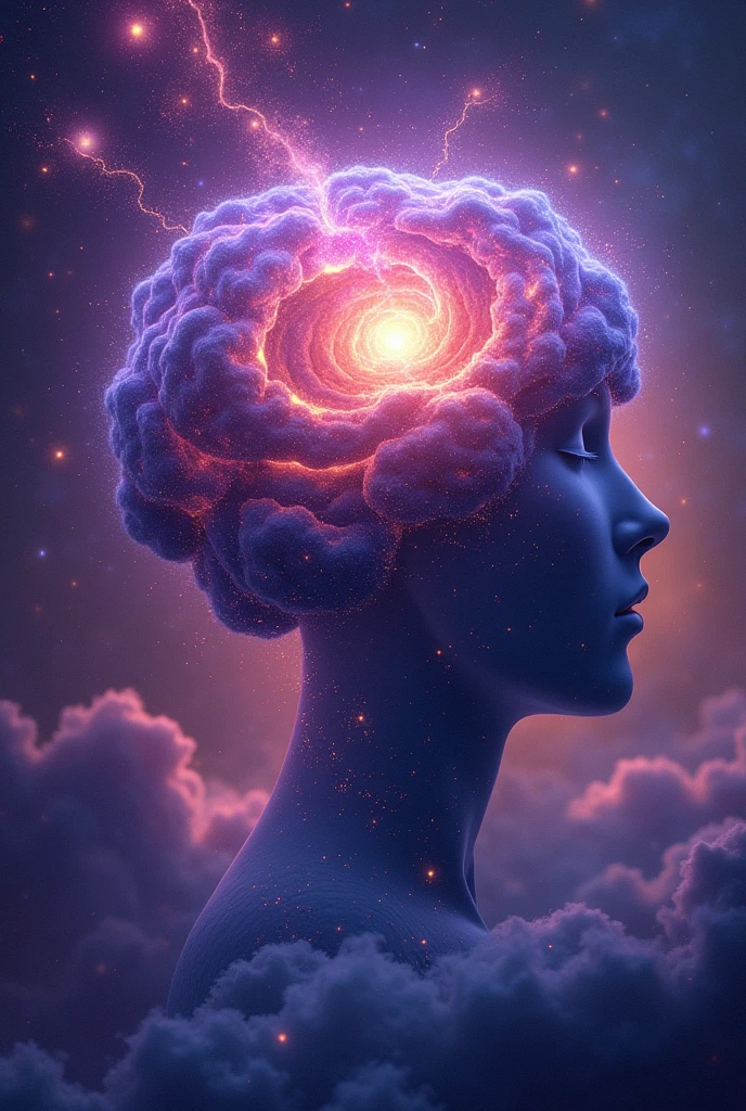Create an image of space with the main colors being purple and galaxy pink, that has depth and vibration, with many stars and a galaxy in the middle forming a brain shape and information coming out of the middle of the brain (the image must be the size of a book cover)