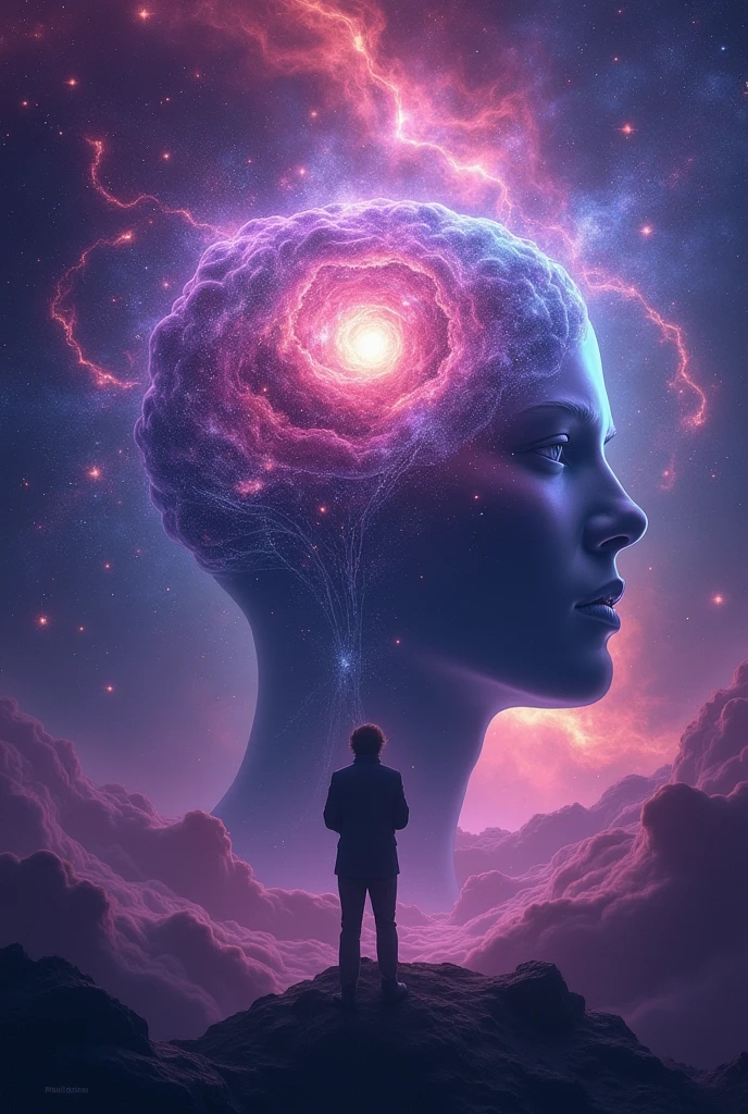 Create an image of space with the main colors being purple and galaxy pink, that has depth and vibration, with many stars and a galaxy in the middle forming a brain shape and information coming out of the middle of the brain  (the image must be the size of a book cover) 