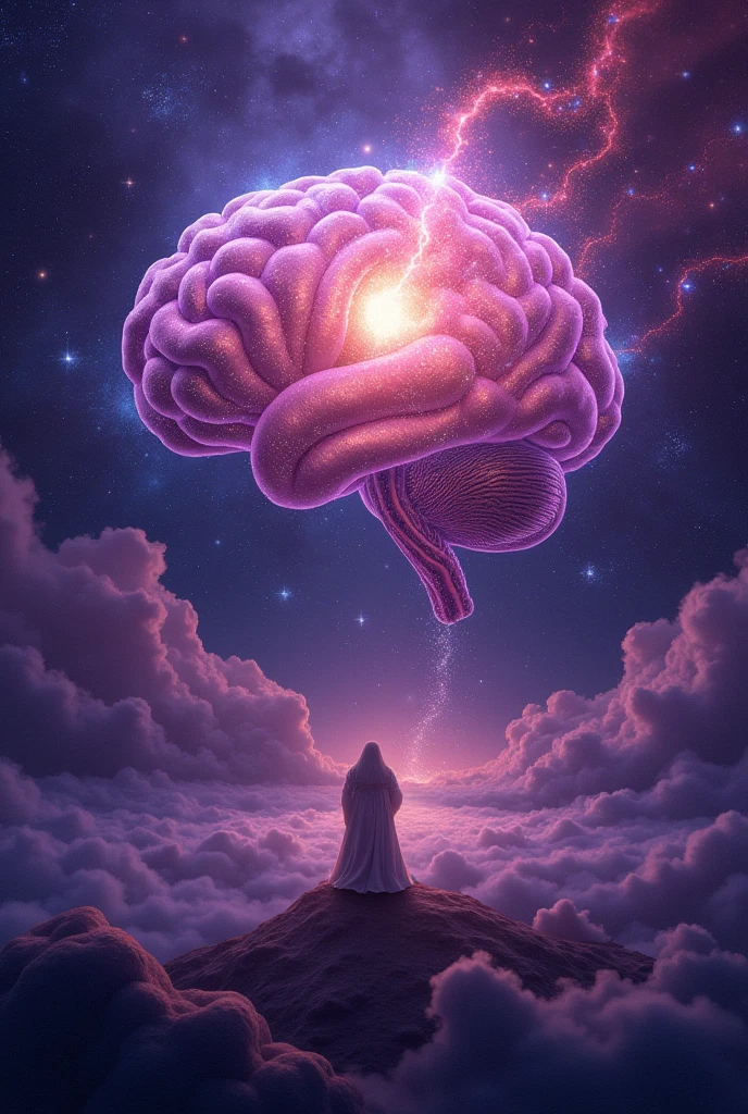 Create an image of space with the main colors being purple and galaxy pink, that has depth and vibration, with many stars and a galaxy in the middle forming a brain shape and information coming out of the middle of the brain  (the image must be the size of a book cover) 