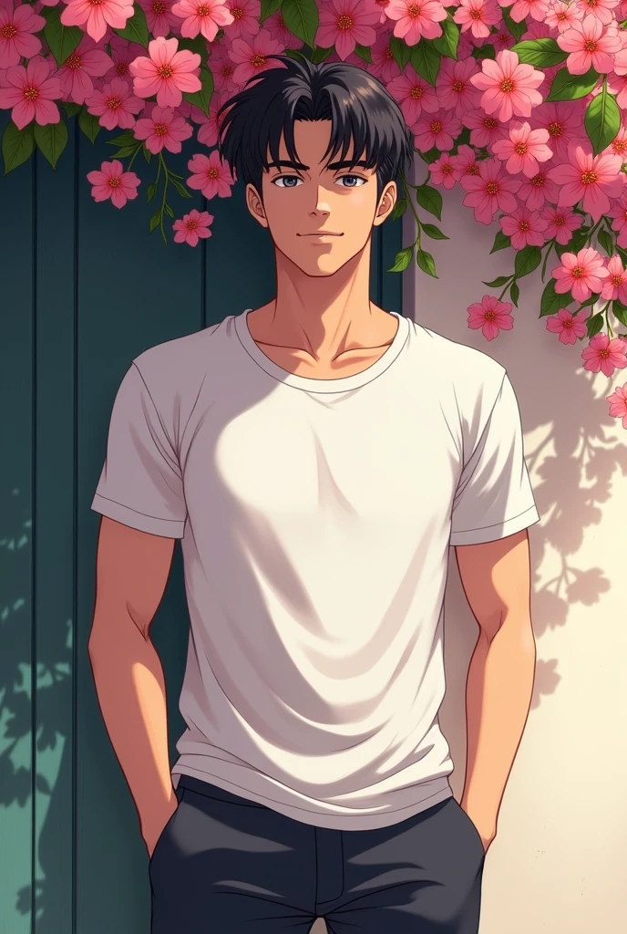A handsome, cool, gentlemen, young anime guy is in white T shirt with his hands in his pockets. His chest is big and strong arm. His body is Turing into the right to see the girl. He is looking down a little bit. Behind him is a wall with bougainvillea. He is waiting for his girlfriend.  