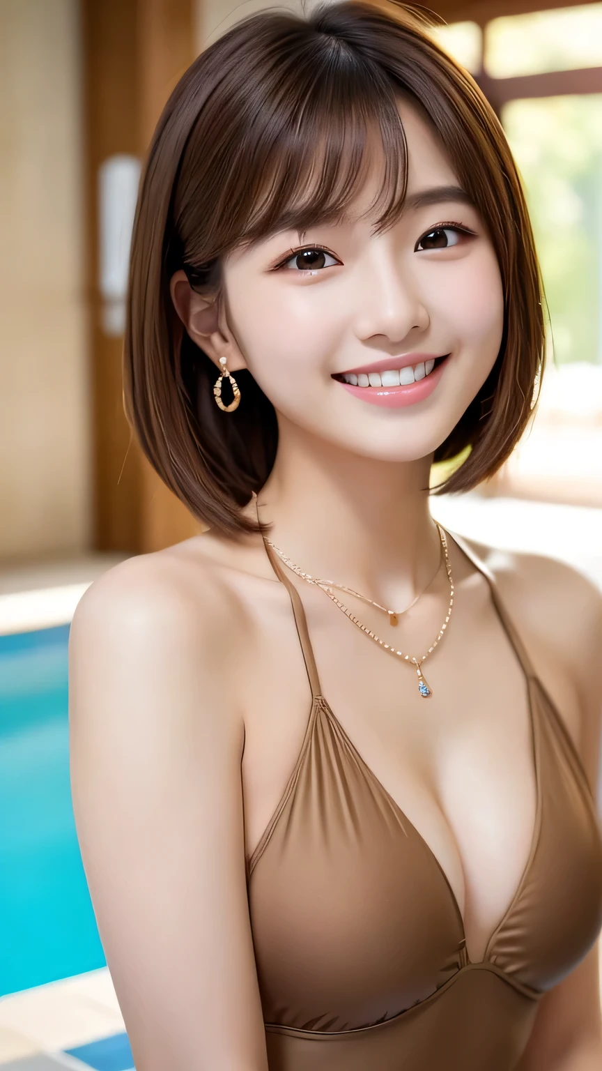 Beautiful Young Woman of the Year、 Korean women、Light brown hair、short hair、Necklace around the neck、Woman in swimsuit、、smile, Beautiful teeth alignment、Intricate details, Very detailed:1.2), 、 Looking into the camera,background is indoor pool、ear piercing
