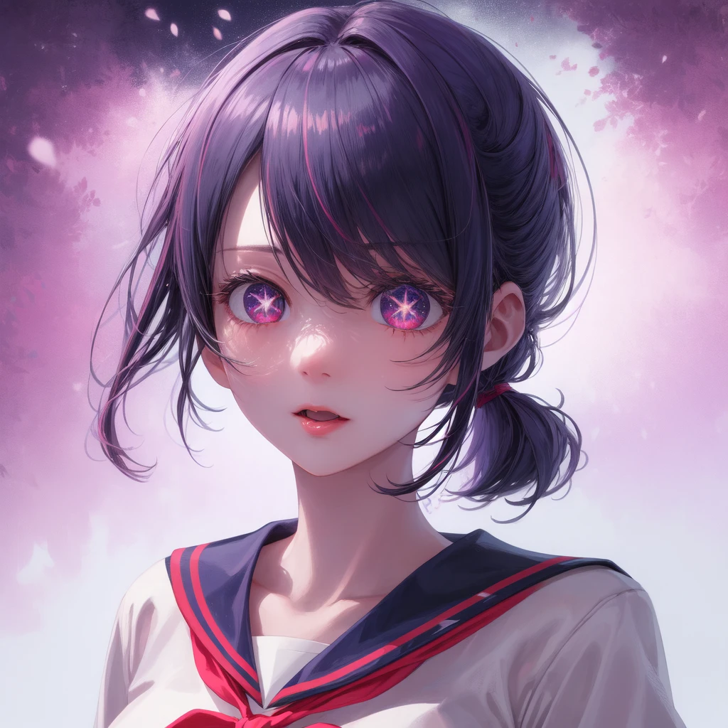 1 girl, alone, high quality,school uniform, sailor suit, slender, big tits, ponytail, BREAK Sparkling_eye, Star-shaped pupils, +_+, medium full shot, naked