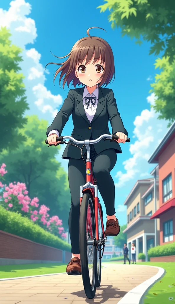 Cute anime school guy riding bicycle , UHD, 8k, --ar 16:9 --stylize 750 --v 5.2