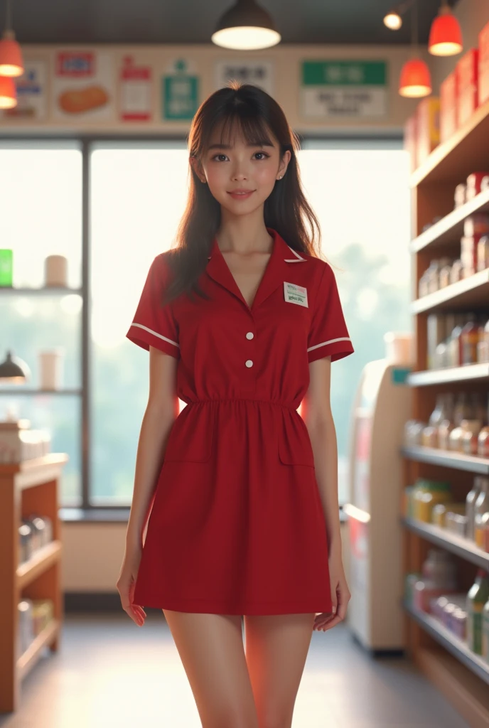 Inside a convenience store、Convenience store uniforms、red、Sedentary、With legs apart、skirt、Thighs、Cleavage、cute、Japanese、female、One person、８K、High resolution、Realistic details、Natural light reflection、Photorealistic、Photo quality